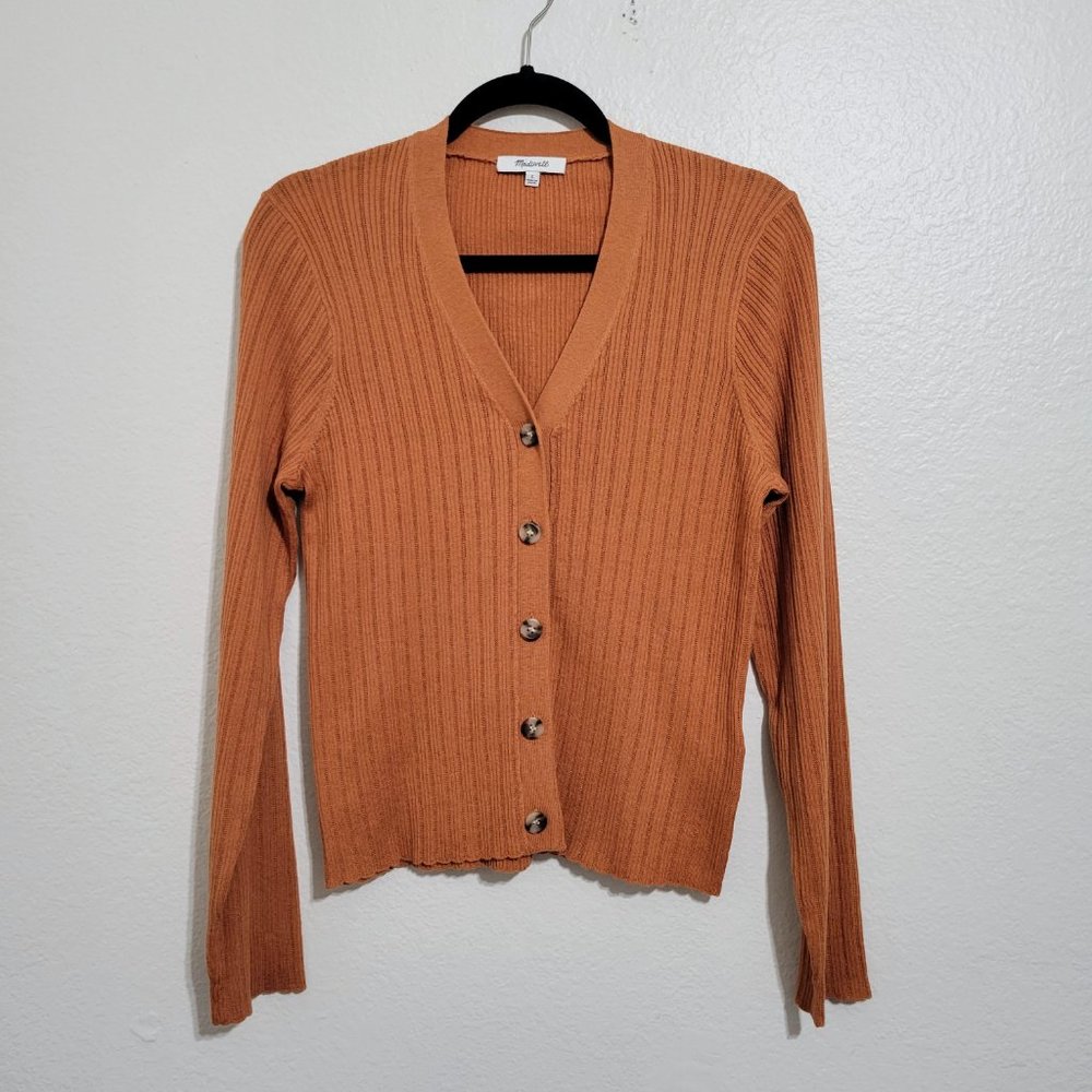 Madewell Pointelle Ribbed Knit Merino Wool Crop Cardigan Sweater Size L - Picture 2 of 7